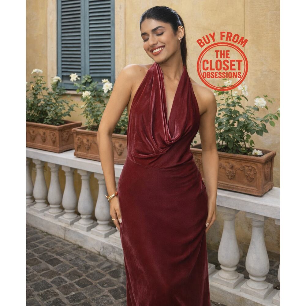 Zara NWT Raspberry Velvet Halter Open Back Maxi Dress M - Picture 12 of 16